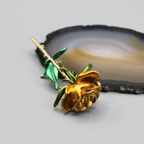 Jewelry pin brooch rose flower love romantic gold tone yellow green elegant new - Picture 3 of 11